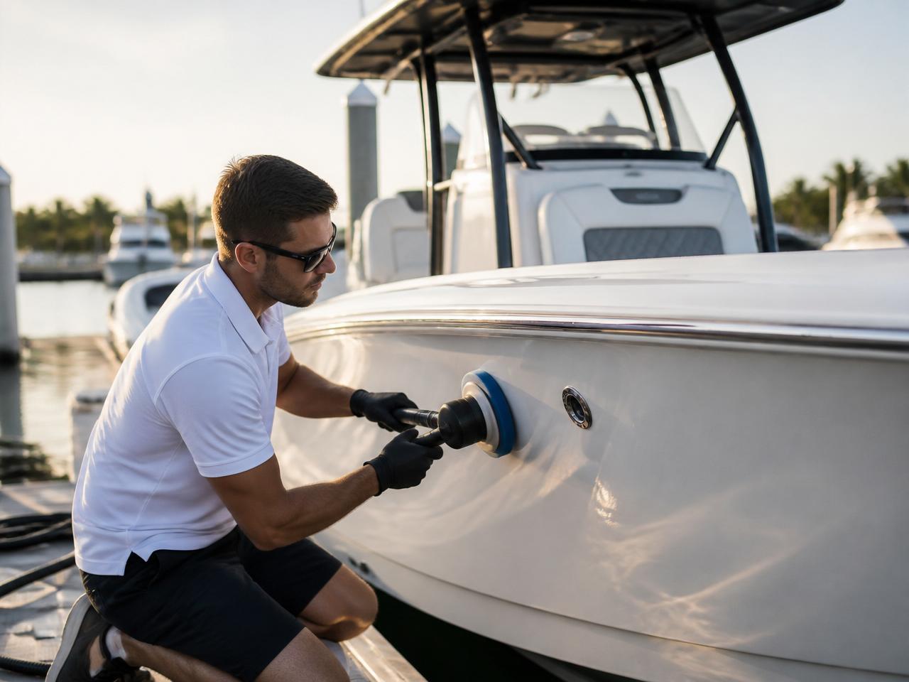 Professional boat detailing at a marina